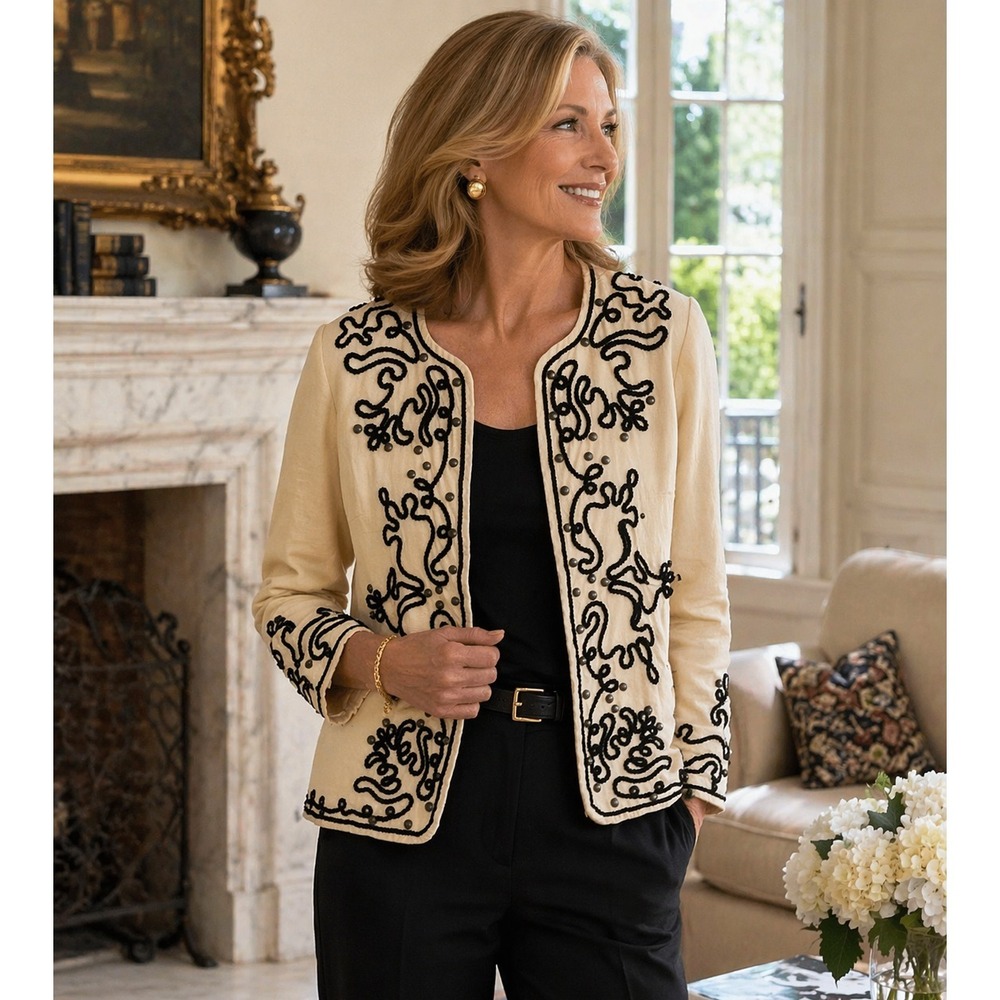 Victor Costa Occasion 100% Linen Jacket L Cream Black Beaded‎ Embellished Blazer